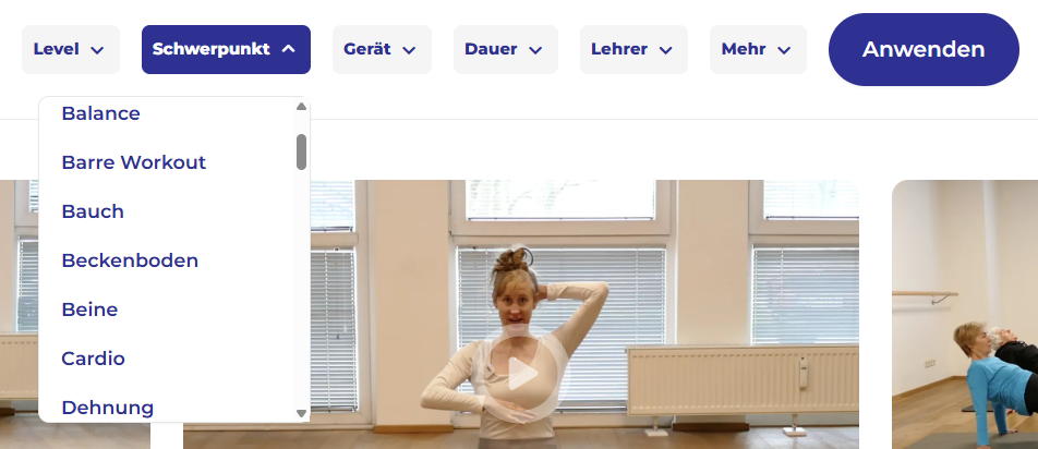 Filter nach Trainingsschwerpunkten bei Pilates & Friends