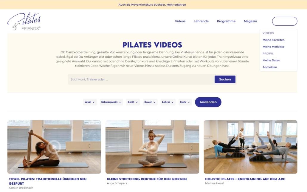 Videobibliothek von Pilates & Friends mit Filterfunktionen